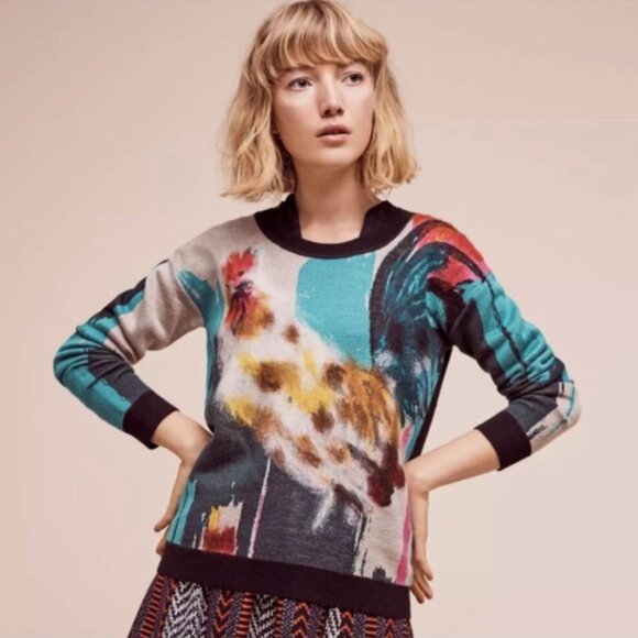 Anthropologie Sweaters - Anthropologie Womens Rooster Sweater Artwork Lauren C Walcott Fuzzy Novelty Soft